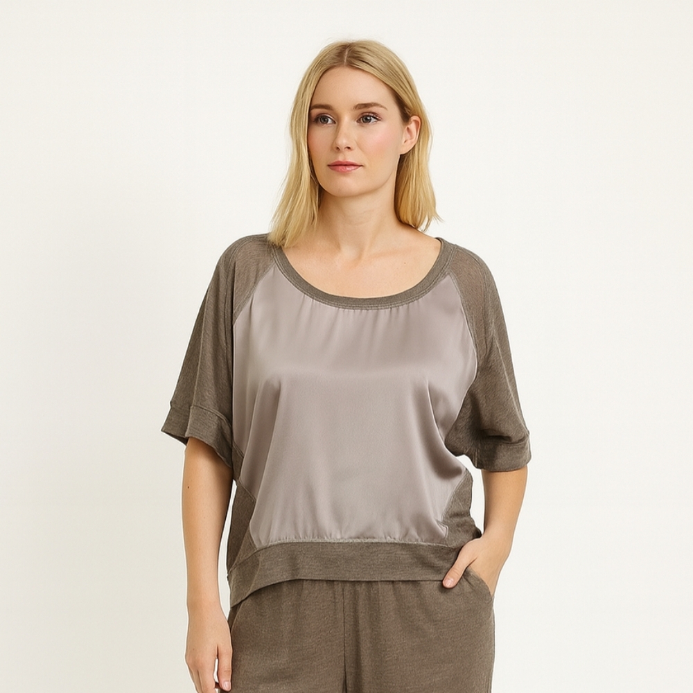 HEATHER Silk top with knit panals size small 24in pit to pit 24in in lenght
